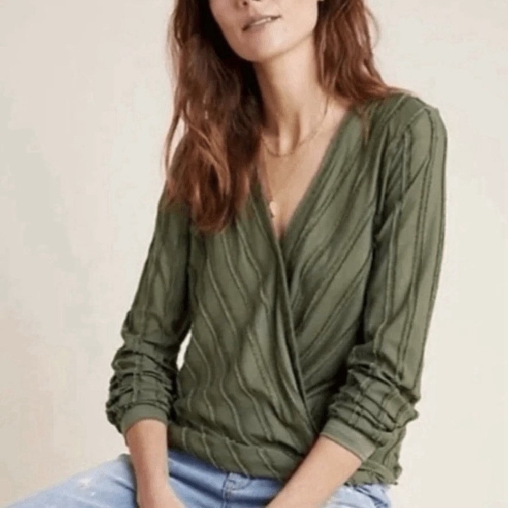 Maeve by Anthropologie Green Textured Wrap Shirt with Button